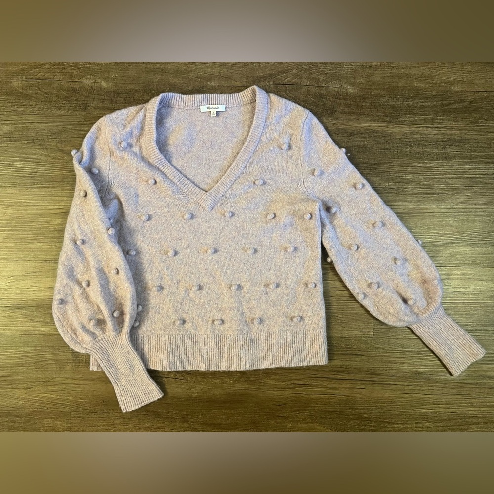 Madewell Womens Small Purple Bobble Pom Pom V-neck‎ Wool Blend Sweater E2